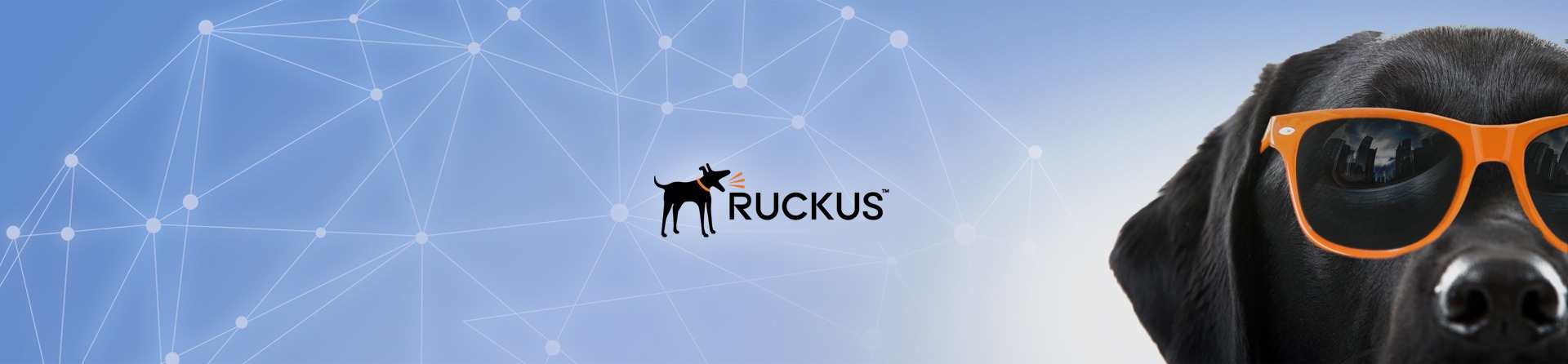 RUCKUS Networks 배너 - 네트워크 그래픽 배경의 루커스 로고와 선글라스를 쓴 강아지