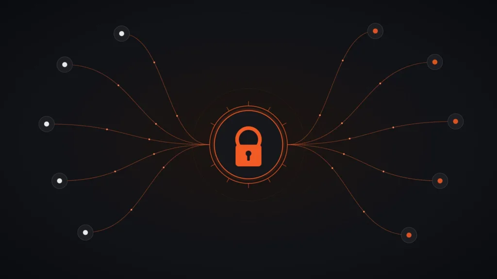 Okta SSO·MFA 개념 그래픽 — 자물쇠 아이콘을 중심으로 사용자와 업무 앱이 하나로 연결된 구조